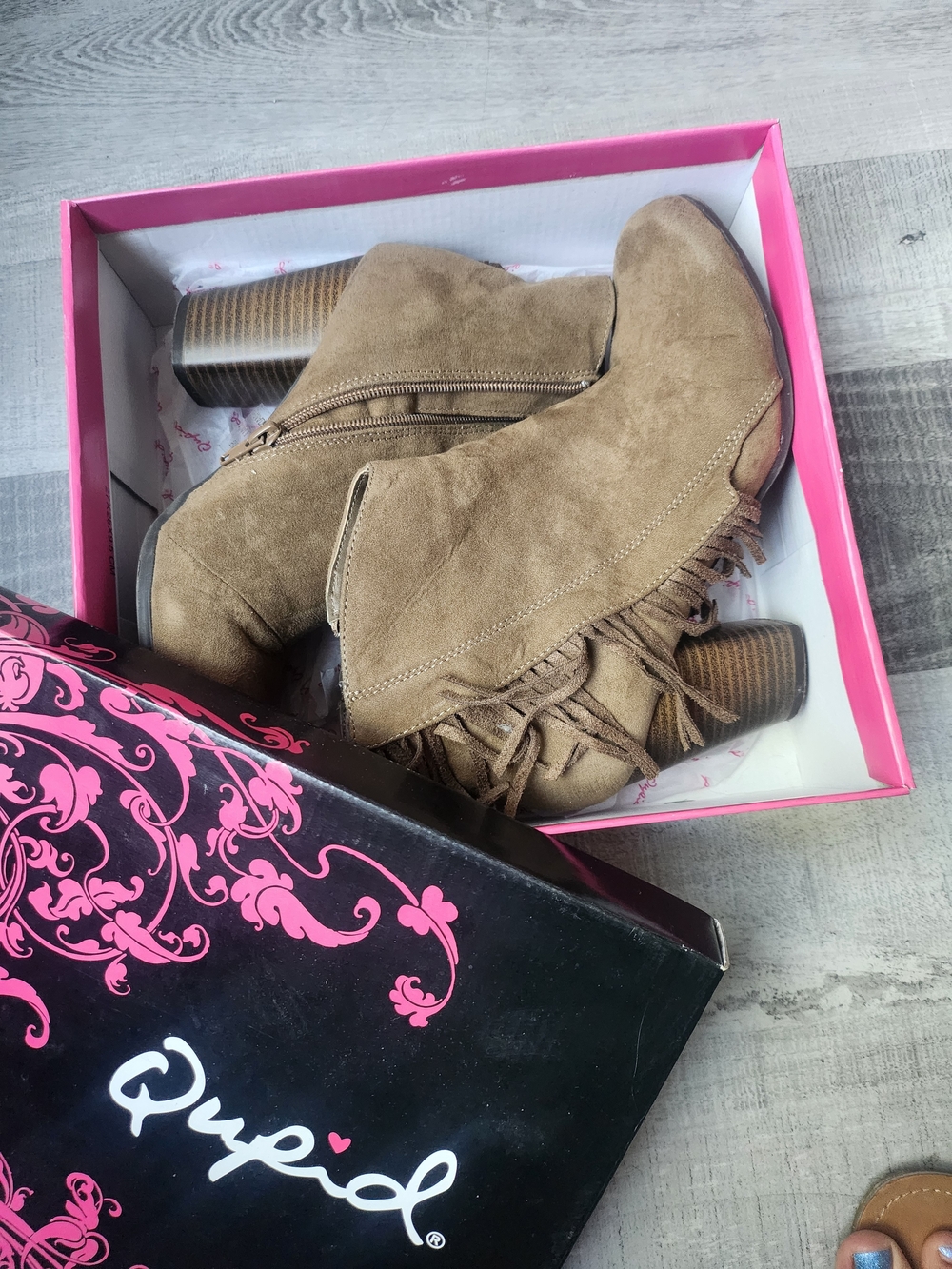 Qupid Taupe Fringe Suede Ankle Booties